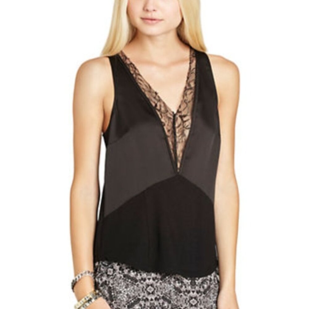 BCBGeneration Black Deep V Lace Trim Mixed Media Tank Top Size XXS